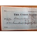 CHEQUE 1925 USA THE UNION NATIONAL BANK CHARLOTTE NORTH CAROLINA UNITED STATES of AMERICA US$282.08.