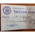 CHEQUE 1925 THE UNION NATIONAL BANK UNB CHARLOTTE NORTH CAROLINA UNITED STATES of AMERICA US$45.65.