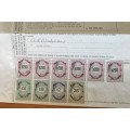 REVENUE STAMPS RSA R200 strip of 5 +1 R50 R10 R2 25c on PIECE TOTAL VALUE R1462.25 SOUTH AFRICA.