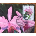 POSTCARD BRAZIL PHILATELIC EXHIBITION 1991 ORCHID FLOWER Cattleya warneri moore HUMMINGBIRD COLIBRI
