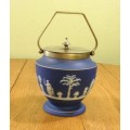 WEDGWOOD=BISCUIT BARREL=BLUE and WHITE=EPNS REMOVABLE LID and HANDLE.
