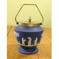 WEDGWOOD=BISCUIT BARREL=BLUE and WHITE=EPNS REMOVABLE LID and HANDLE.