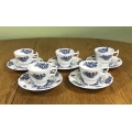 COFFEE DUOS DEMITASSE BOOTH`S PEONY A8021 5 x SAUCERS + 5 x CUPS EXPRESSO BLUE + WHITE STUNNING!!!!