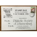 POSTCARD PHILATELIC SOCIETY JOHANNESBURG STAMP DAY 1981 SPONSORS ARCADE STAMP SHOP STANLEY GIBBONS