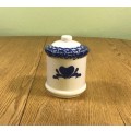SUGAR / JAM BOWL with LID DARK BLUE and WHITE HEARTS EARTHENWARE POTTERY
