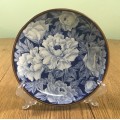 BLUE and WHITE PLATE DISH FLORAL FLOWERS BROWN RIM NO MARKS STUNNING ITEM!!!