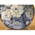 BLUE and WHITE PLATE DISH FLORAL FLOWERS BROWN RIM NO MARKS STUNNING ITEM!!!