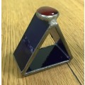 SERVIETTE RING TRIANGULAR PEWTER, TIN or LEAD??? BLUE GLASS RED GLASS CABOCHON ON TOP UNUSUAL!!!!