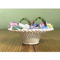 CROWN STAFFORDSHIRE PORCELAIN ROUND WOVEN BASKET APPLIED FLOWERS 2 HANDLES 4-STRAND ENGLAND PERFECT!