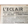 NEWSPAPER FRANCE L`ECLAIR QUOTIDIEN SOCIAL DU CENTRE 13 SEPTEMBER 1944 WORLD WAR 2 1 PAGE DE GAULLE.