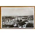 POSTCARD x 1 BLACK and WHITE REAL PHOTO NORWAY AALESUND INNER PORT FISHING BOATS HARBOUR SAILING.