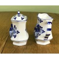 MILK JUG / CREAMER and LIDDED SUGAR BOWL RECESSED BOY and GIRL KISSING PORCELAIN BLUE and WHITE
