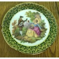 LIMOGES LA REINE French Porcelain Plate A63 FRAGONARD FRANCE GREEN and GILT BORDER 132mm Diameter