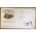 ZAMBIA COVERS x 2 1975 CHINGOLA NCHANGA SDA CHURCH 1983 WILDLIFE STRIPED POLECAT FDC ZORILLA AIRMAIL