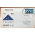 SOUTH AFRICA CENTENARY of the FIRST `CAPE TRIANGULAR` STAMPS FDC`s x 2 1953