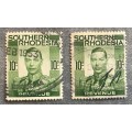 SOUTHERN RHODESIA REVENUE STAMPS 10 Shilling KGVI x 4 items