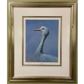 AWESOME BLUE CRANE 1993 SIGNED LIMITED EDITION PRINT 275/350 RAY HARRIS-CHING NEW ZEALAND ARTIST