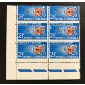 REPUBLIC of SOUTH AFRICA I.T.U. CENTENARY 1965 SACC250 VARIETY / FLAW PERF SHIFT BLK of 6 UM