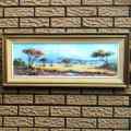 Dirk Venter (S A Artist). BUSHVELD LANDSCAPE WITH WATER PAN. Oil. Framed. 400 x 900 mm. 1976.