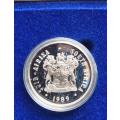 1989 - PROOF SILVER ONE RAND - ISSUED IN PROTECTIVE SEALED PLASTIC CONTAINER - USUAL BLUE S.A.M CASE
