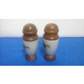 TERRIFIC VINTAGE WOOD AND CERAMIC SALT AND PEPPER CELLARS. BEAUTIFUL AND USEFUL!
