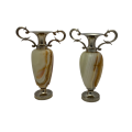 Pair of Mini Bud Vases, Amphora, Incense Burner, Flower Urns, Marble with Scrolled Metal Handles