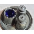 Antique George Lee and Co,4 piece cruet Set, Salt, Pepper, Mustard, Cobalt /Bristol Blue glass Liner