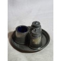 Antique George Lee and Co,4 piece cruet Set, Salt, Pepper, Mustard, Cobalt /Bristol Blue glass Liner
