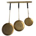 Title: Vintage Dutch Style Brass Pans with Wooden Handles on Decorative Bracket - Set of 3