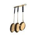 Title: Vintage Dutch Style Brass Pans with Wooden Handles on Decorative Bracket - Set of 3