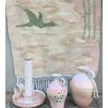 4 Piece Set Pink Pastel Elegance: Hand-Woven Tapestry, Salem Pottery Jug & Pitcher, Candle Holder