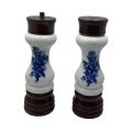 Duo Salt and Pepper Shaker Set - Vintage 1950s-60s Wood & Porcelain, Blue Rose Transferware