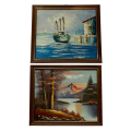 2 Piece Small Oil Paintings - Vintage Nautical and Autumn Landscapes Duo