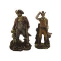 2 Piece Vintage Polystone Resin Pirate with Dog & Cowboy Figurines Set - 14cm - IPM & Unmarked