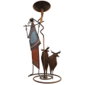 African Tribal Lady and Cows Wire and Tin Metal Candle Holder -31cm