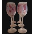 Exquisite 6-Piece Hand-Painted Hebron Frosted Pink Crystal Wine Set - Rare Holyland Jerusalem Collec