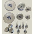 28-Piece Vintage Chinese Blue Koi Fish Dinnerware Set - Bowls, Plates, Spoons, Sauce Bowls, and Cups