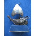 Sterling Silver Model of an Arabian Dhow stamped 925 on Blue Felt Plinth