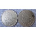 25 Centavos 1971/75 Guatemala (x2 Coins Lot)