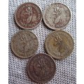Three Pence Rhodesia & Nyasaland 1956/57/62 (x5 Coins Lot)