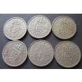 ONE SHILLING GREAT BRITAIN x6 COINS (LOT) 1953/1956/1957/1958