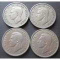 TWO SHILLING GREAT BRITAIN x4 COINS (LOT) 1948-1951