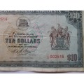 Ten Dollars 1975 Reserve Bank of Rhodesia Serial Nr J29 002515