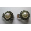 Marcasite with Pearl Motif Clip-on Silver Earings