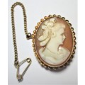 Cameo Shell Brooch with Safety Chain 9ct Gold Trim