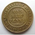 ONE HALF PENNY 1920 COMMONWEALTH OF AUSTRALIA COIN - SC/50