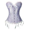 Dreamy Ciel Blue Corset With Matching Ribbons, Swirling Violet Pattern and White Ruched Trim, Front