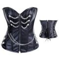 Black Leather Corset With Silver Chain Accents, Zipper Front, and Black Shoestring Lace-up Back