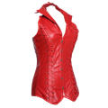 Red 16 Steel Boned Leather Overbust Corset with Windbreaker Collar, Lace-up Back