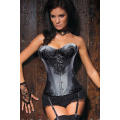 Dusky Silver Grey Corset With Black Lace Print at Bust and Sides and Underwired Cups, Front Busk